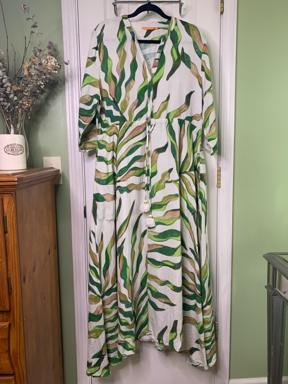 OLIPHANT Women’s Green Tropical Leaf Print Midi Dress 100% Linen